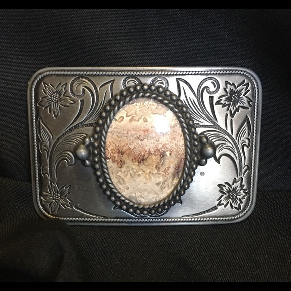 Stone Center Buckle With Floral Border Pewter Tone - Picture 3 of 3